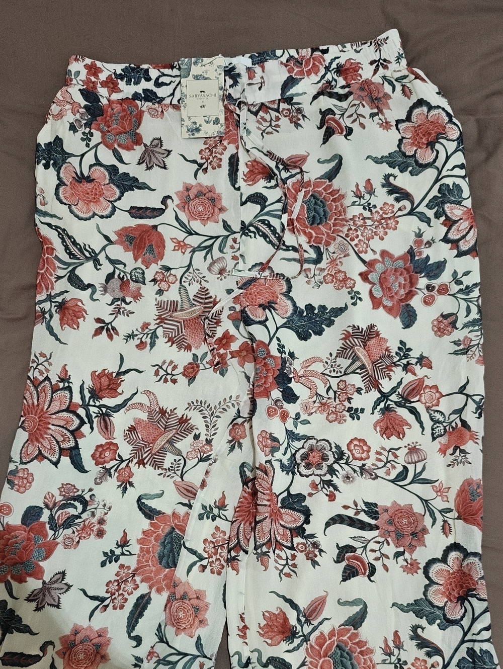 Sabayaschi X H&M Floral Print Wide Leg Pants - Coral & Navy on Cream